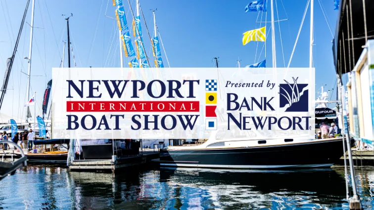 Newport International Boat Show banner over the waterfront show docks, presented by Bank of Newport.