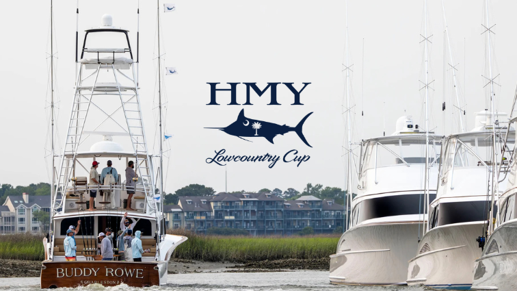 photo of the boats coming into the creek of Toler's cove marina with the HMY lowcountry cup logo overlayed