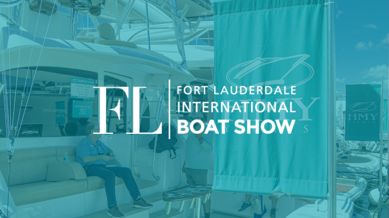 flibs logo overlayed a photo of the back of a sportfisher with a HMY Yacht Sales Flag next to it