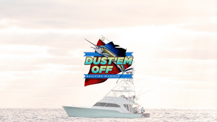 sunrise image of a sportfisher on the ocean fishing with the dust em' off logo