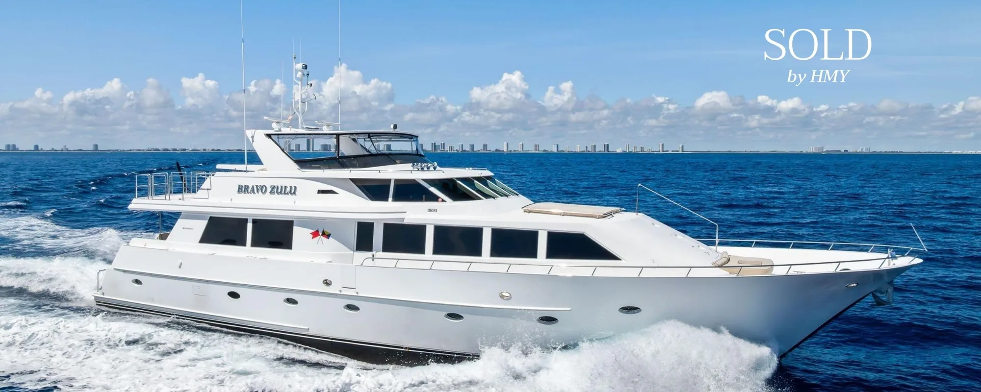 The 1997 Westship 92 motor yacht “Bravo Zulu” running offshore, marked sold by HMY Yacht Sales.