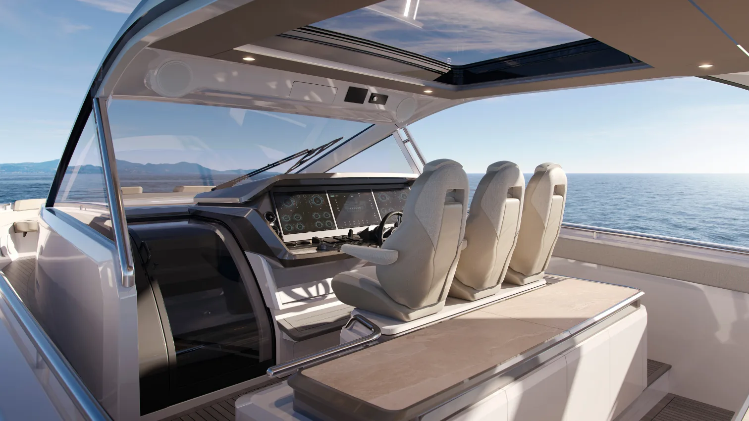 Princess C48 Open helm with triple seats beneath the hardtop and open sides for an open-air experience.