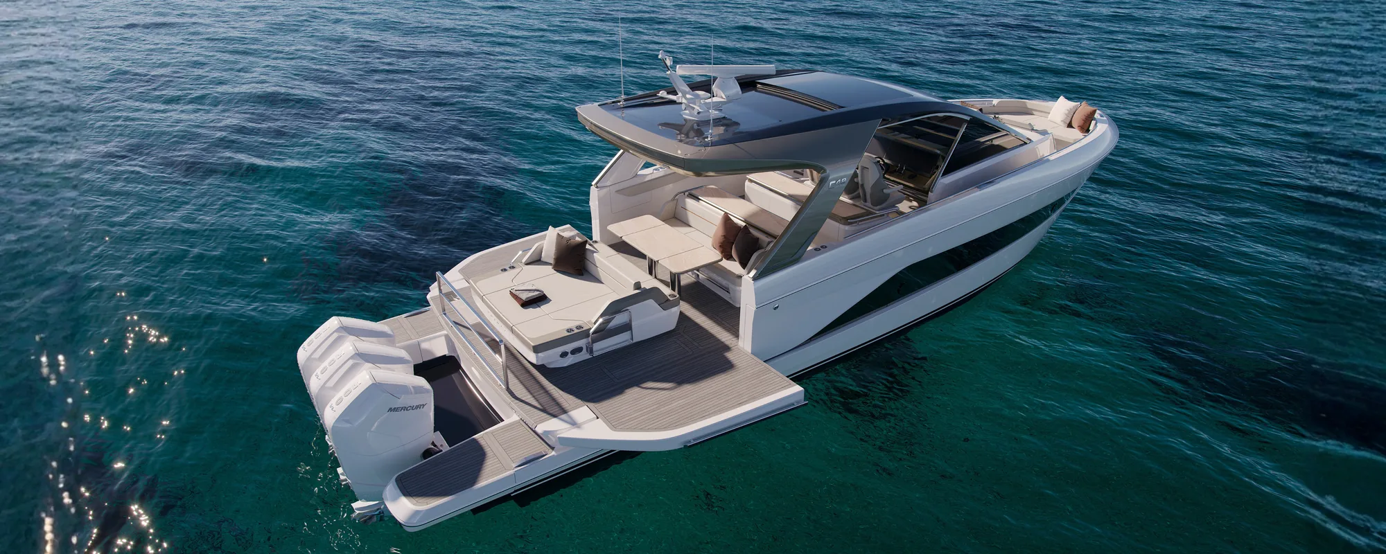 Aerial view of the all-new Princess C48 Open at anchor, showing its open walkaround deck and aft swim platform.