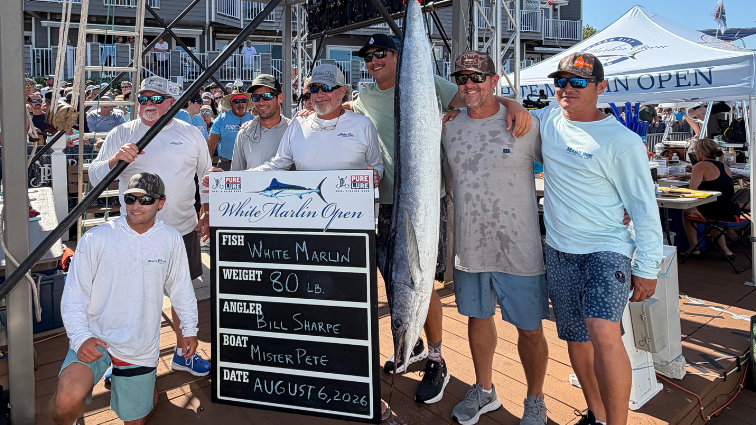 the Mister Pete team posing at the scales with their winning white marlin